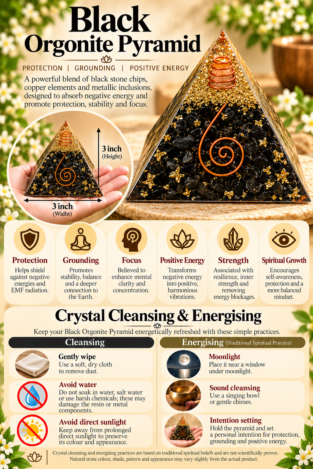 Black Tourmaline Orgonite Pyramid -Crystal Energy & Meditation Decor -3 × 3 Inch