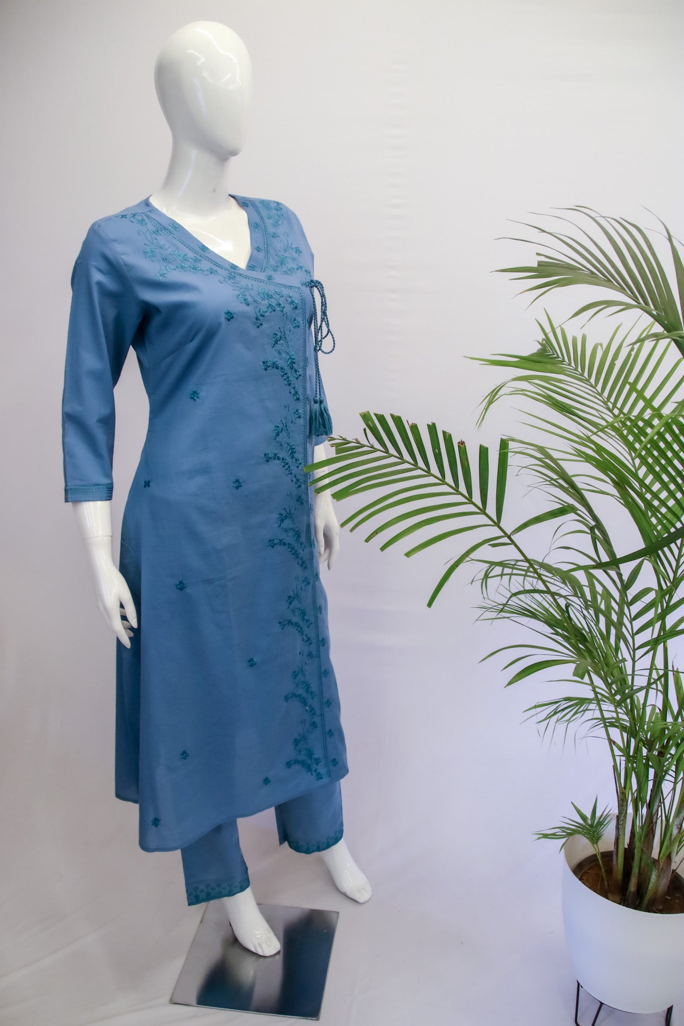 Cotton Blue Chikankari Work Top and Pant Set