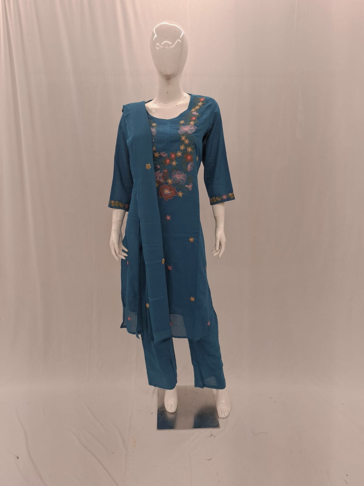 Blue Embroidery Cotton Dupatta Set