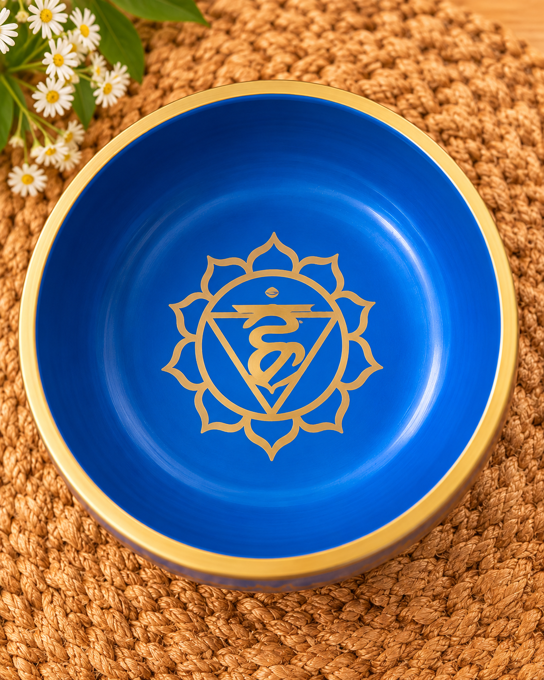 Blue and gold chakra singing bowl with golden chakra engraving inside and outside, accompanied by a wooden mallet with a red felt tip.