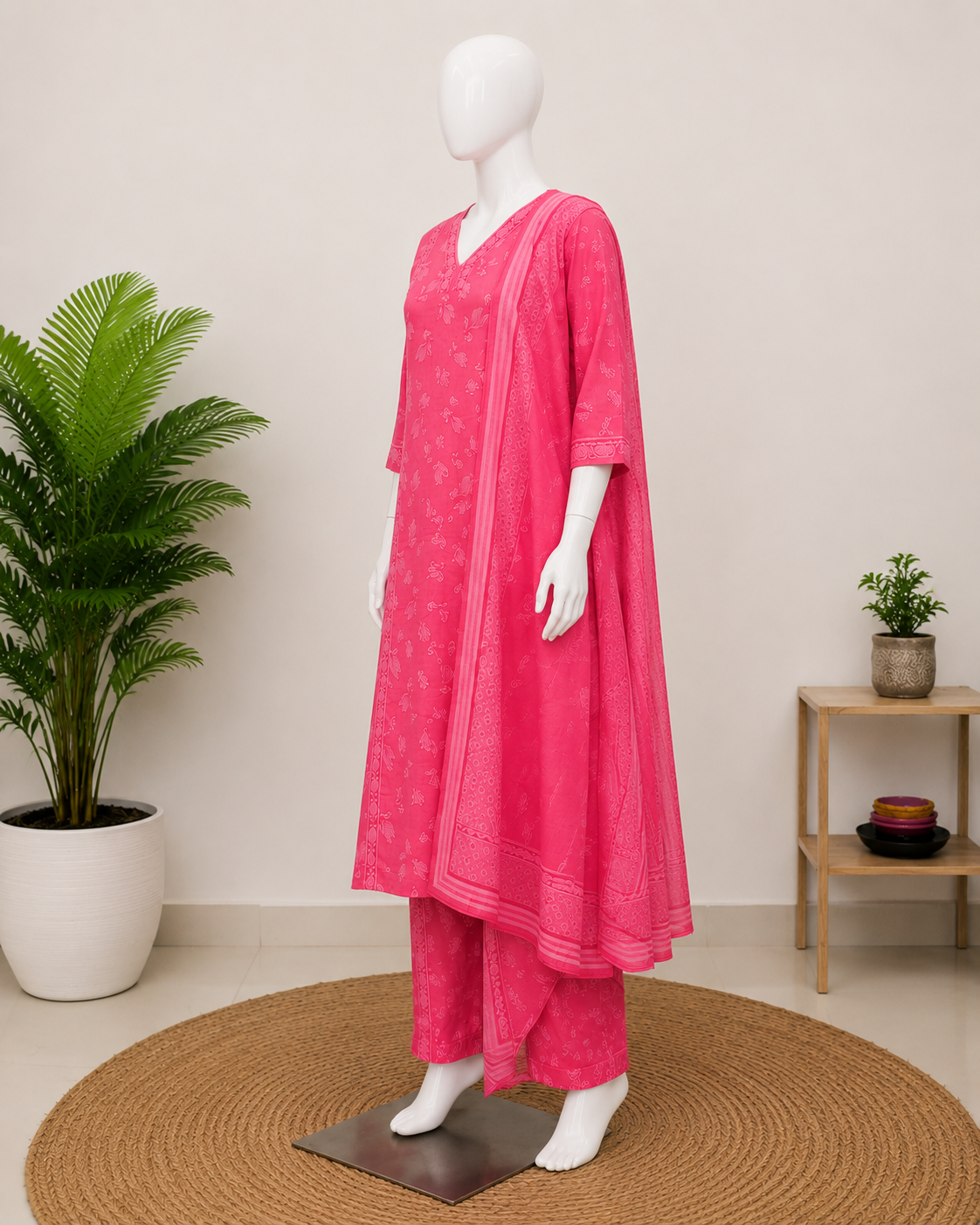 Pink Cotton Floral Printed Dupatta Set
