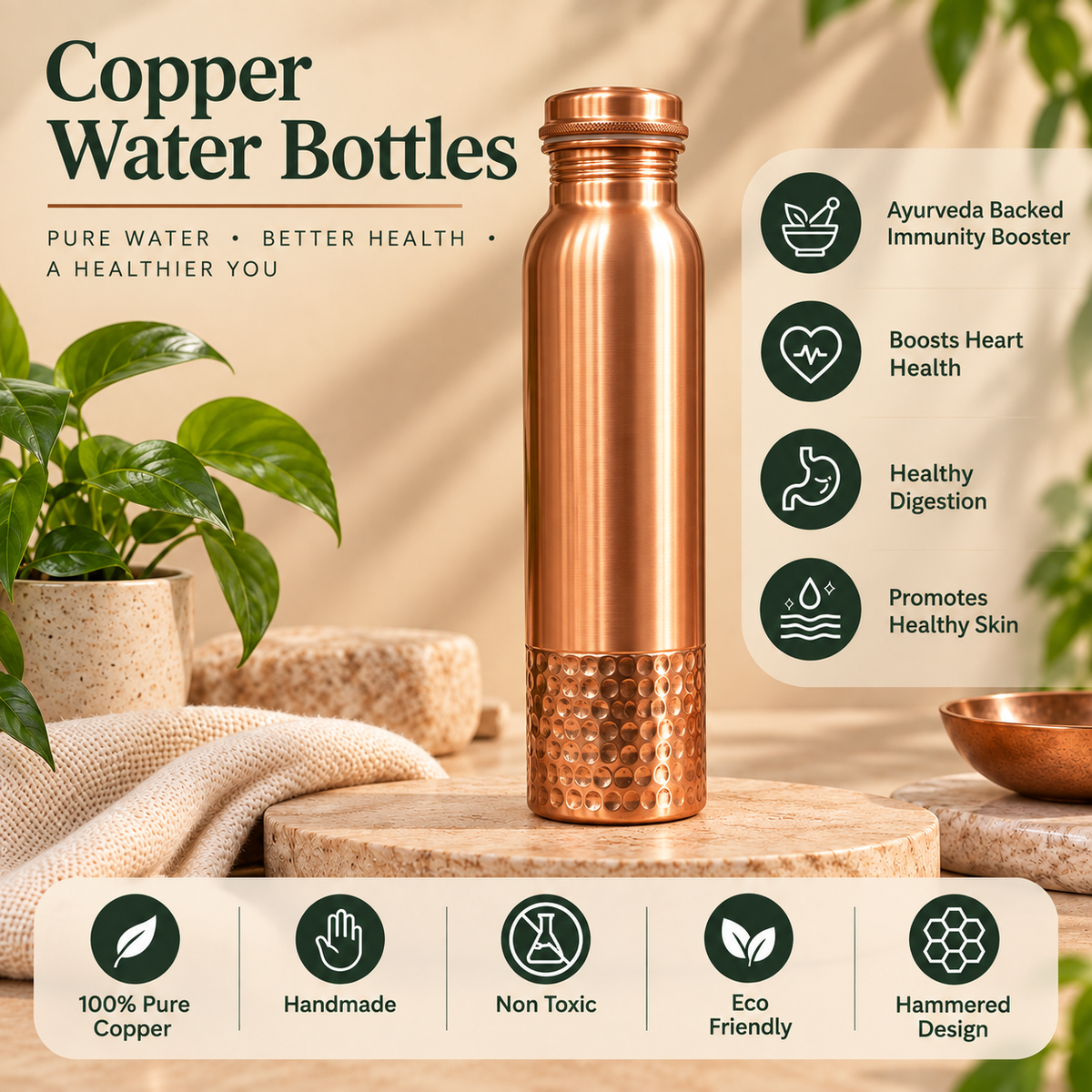 Hammered Pure Copper Water Bottle | Premium Copper Bottle