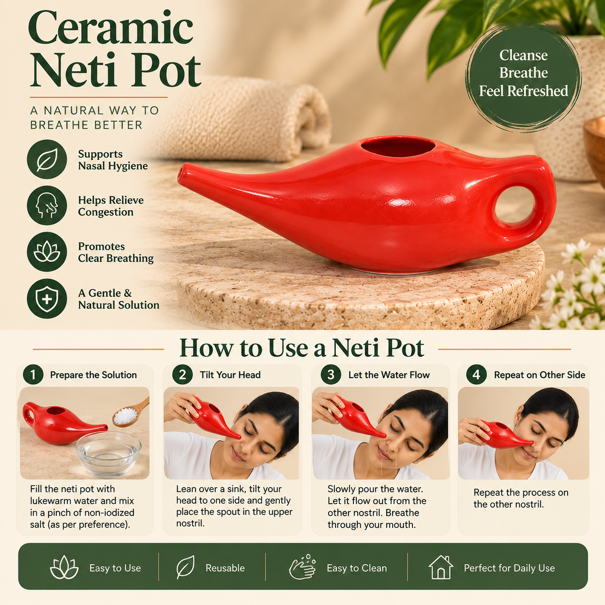 Ceramic Orange Neti Pot | Jal Neti Pot for Nasal Cleansing & Jala Kriya