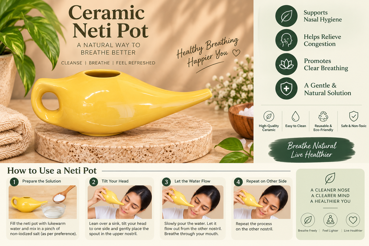 Ceramic Yellow Neti Pot | Jal Neti Pot for Nasal Cleansing & Jala Kriya
