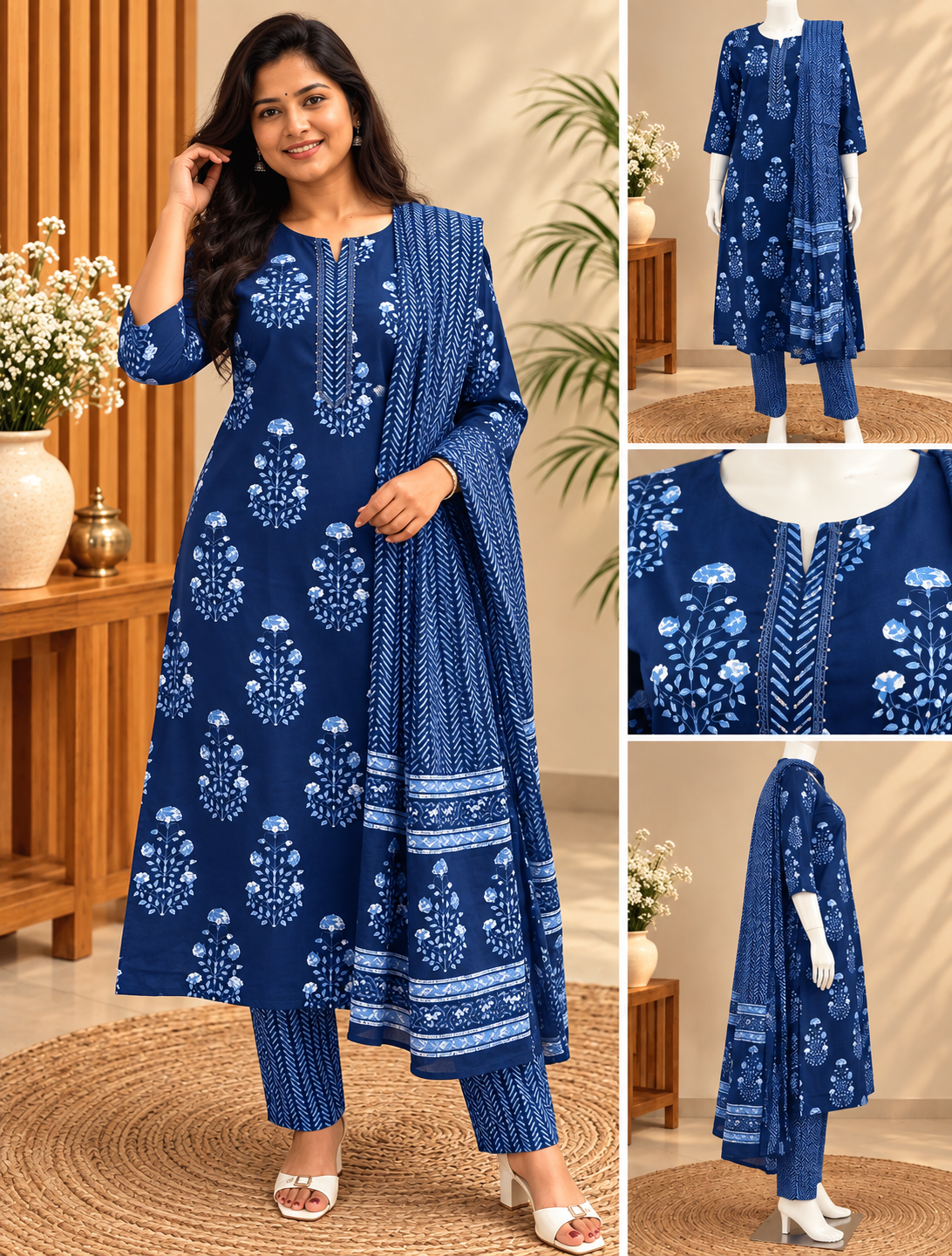 Navy blue floral printed kurta pant set with detailed neckline and matching dupatta