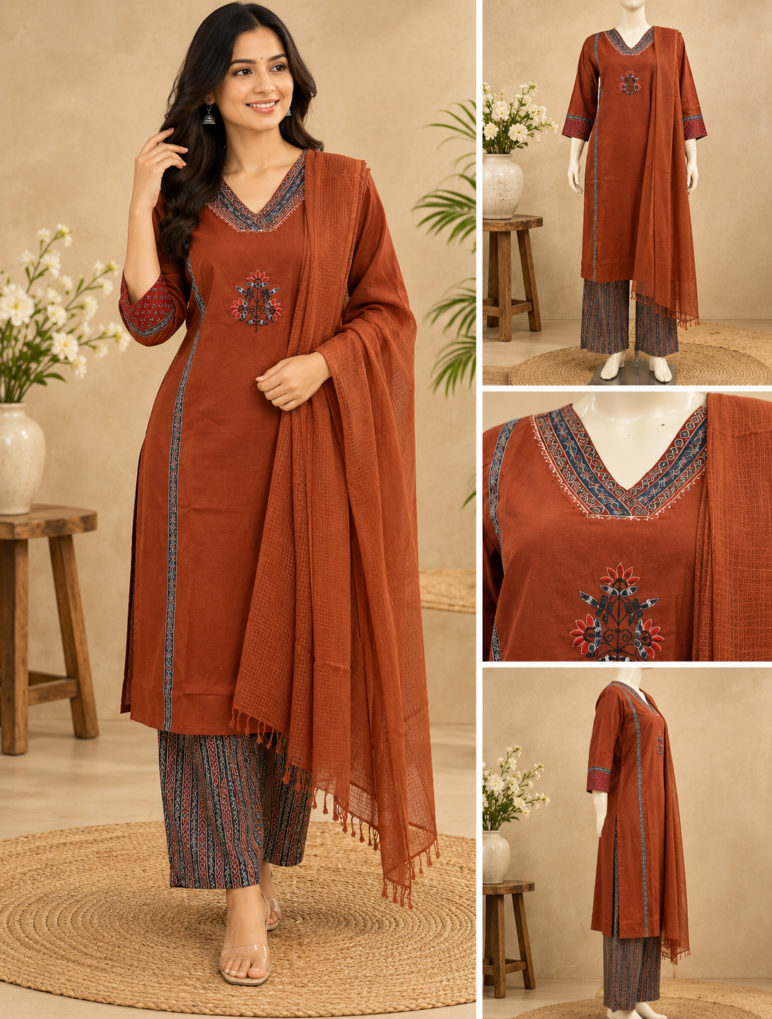Rust Brown Printed Kurta Pant Set with Embroidered Neckline and Matching Dupatta