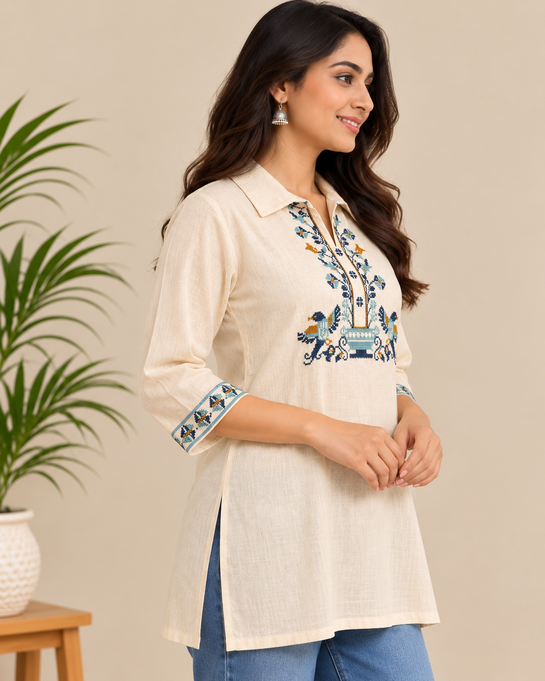 Ivory embroidered Khadi short top with floral and bird motifs, collar and three-quarter sleeves