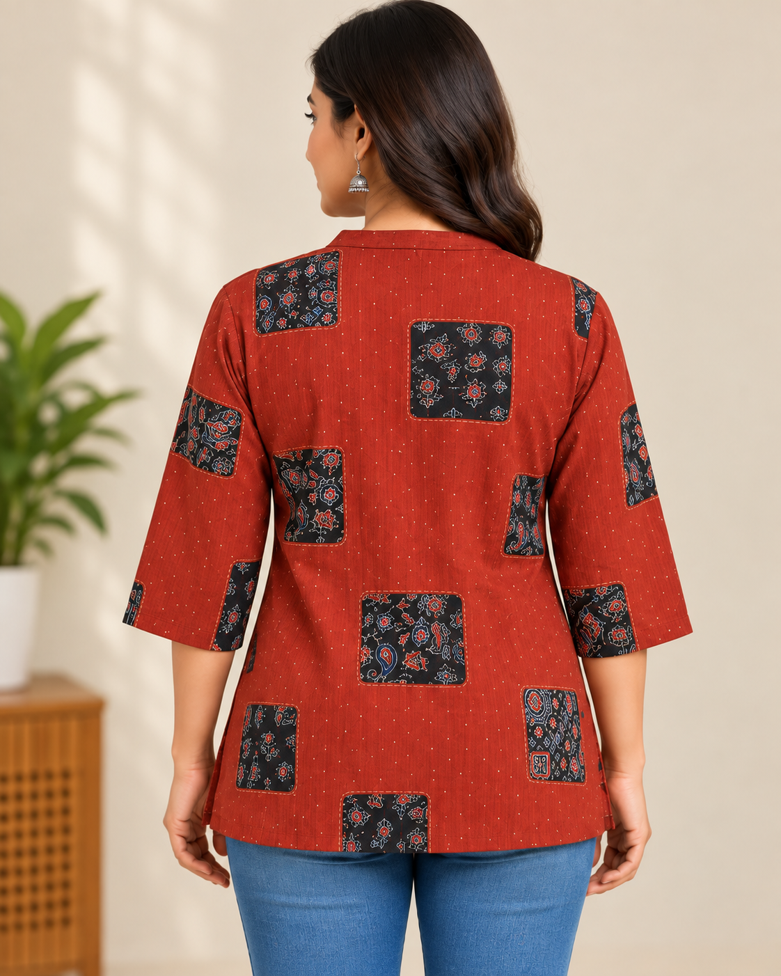 Rust Red Printed Cotton Short Kurti