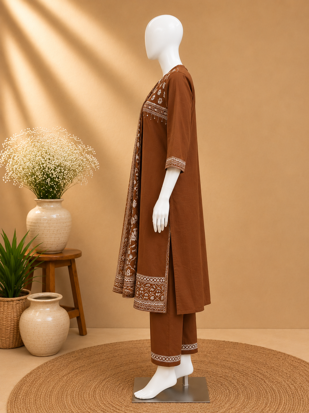 Brown Cotton Dupatta Set