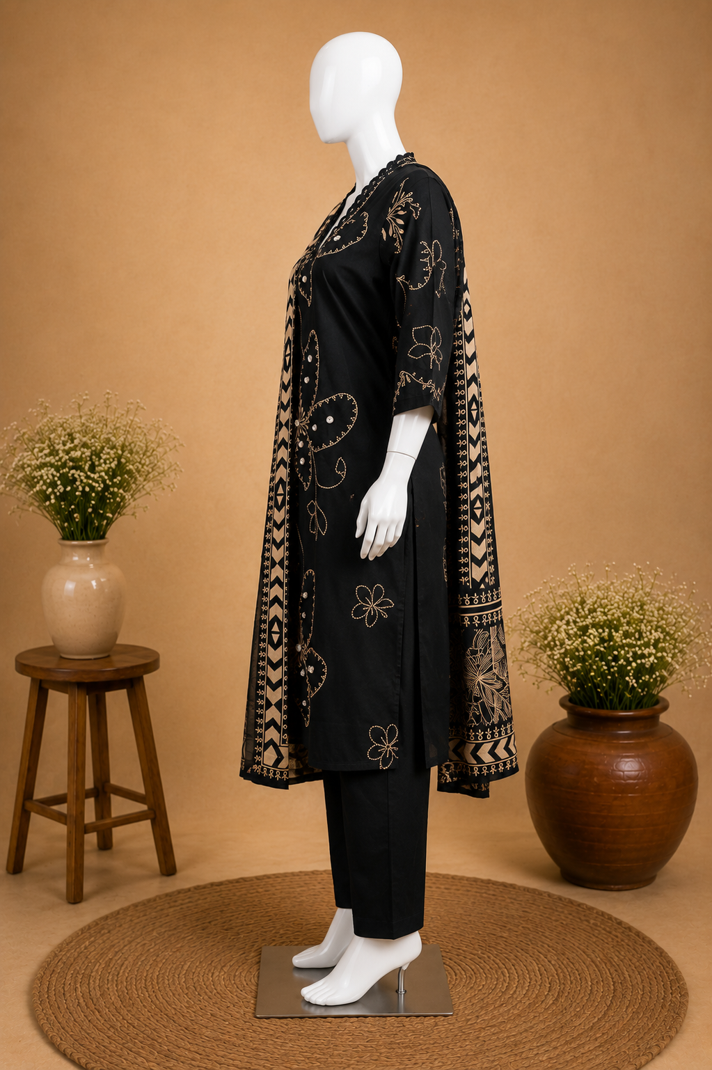 Cotton Black Dupatta Set