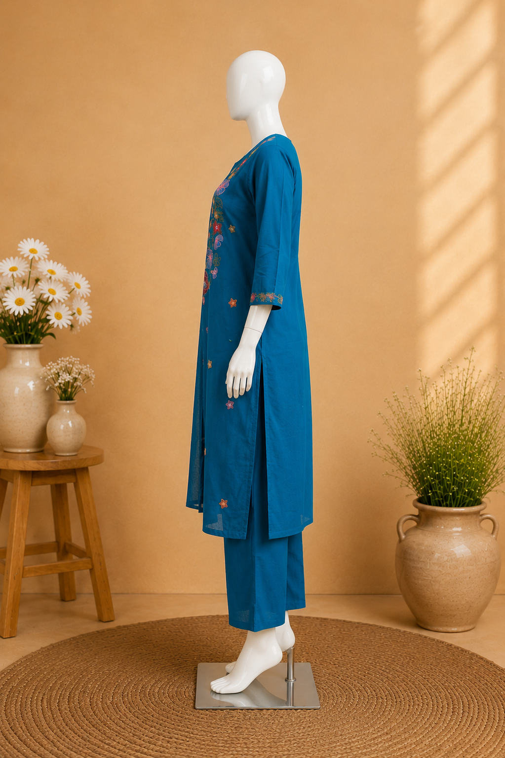 Blue Embroidery Cotton Dupatta Set