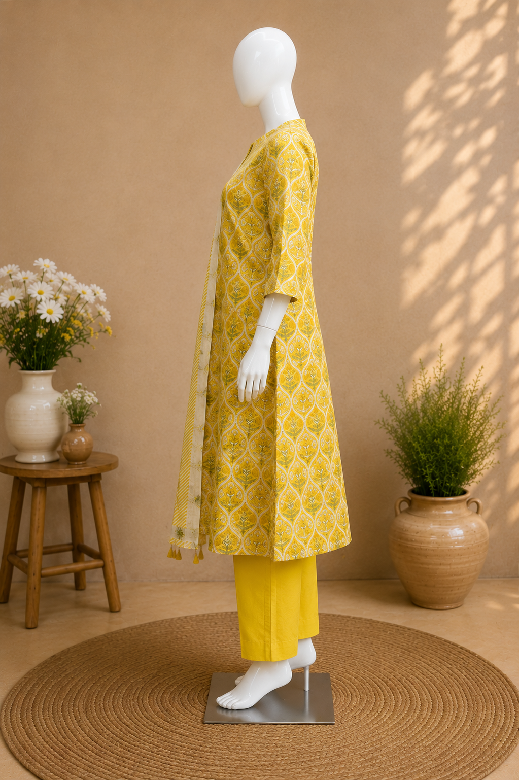 Mustard Yellow Printed Cotton Kurta Set with Dupatta
