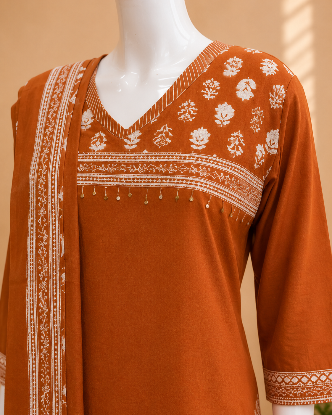 Rust Orange Cotton Dupatta Set