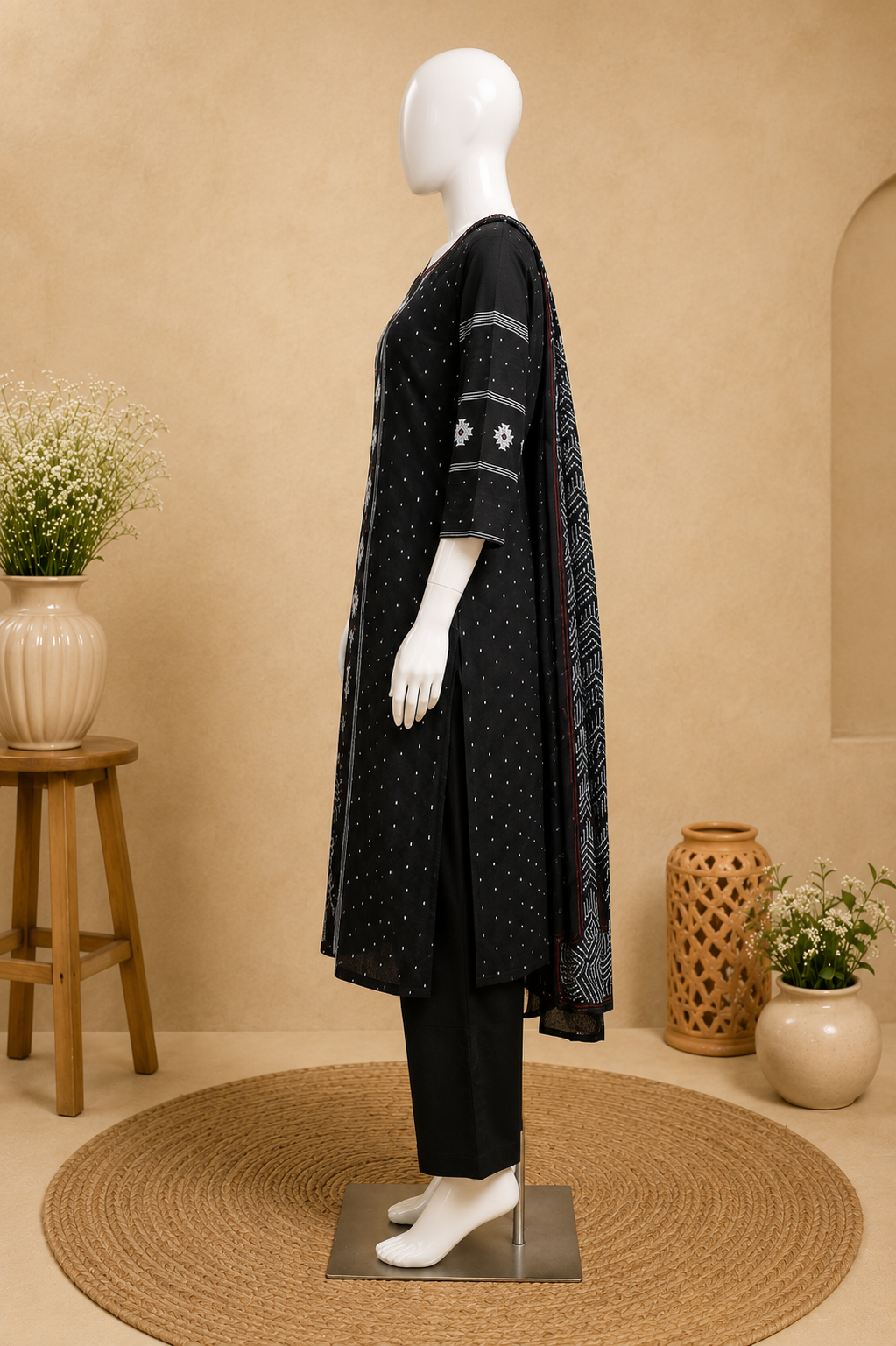 Black Cotton Ikat Print Dupatta Set