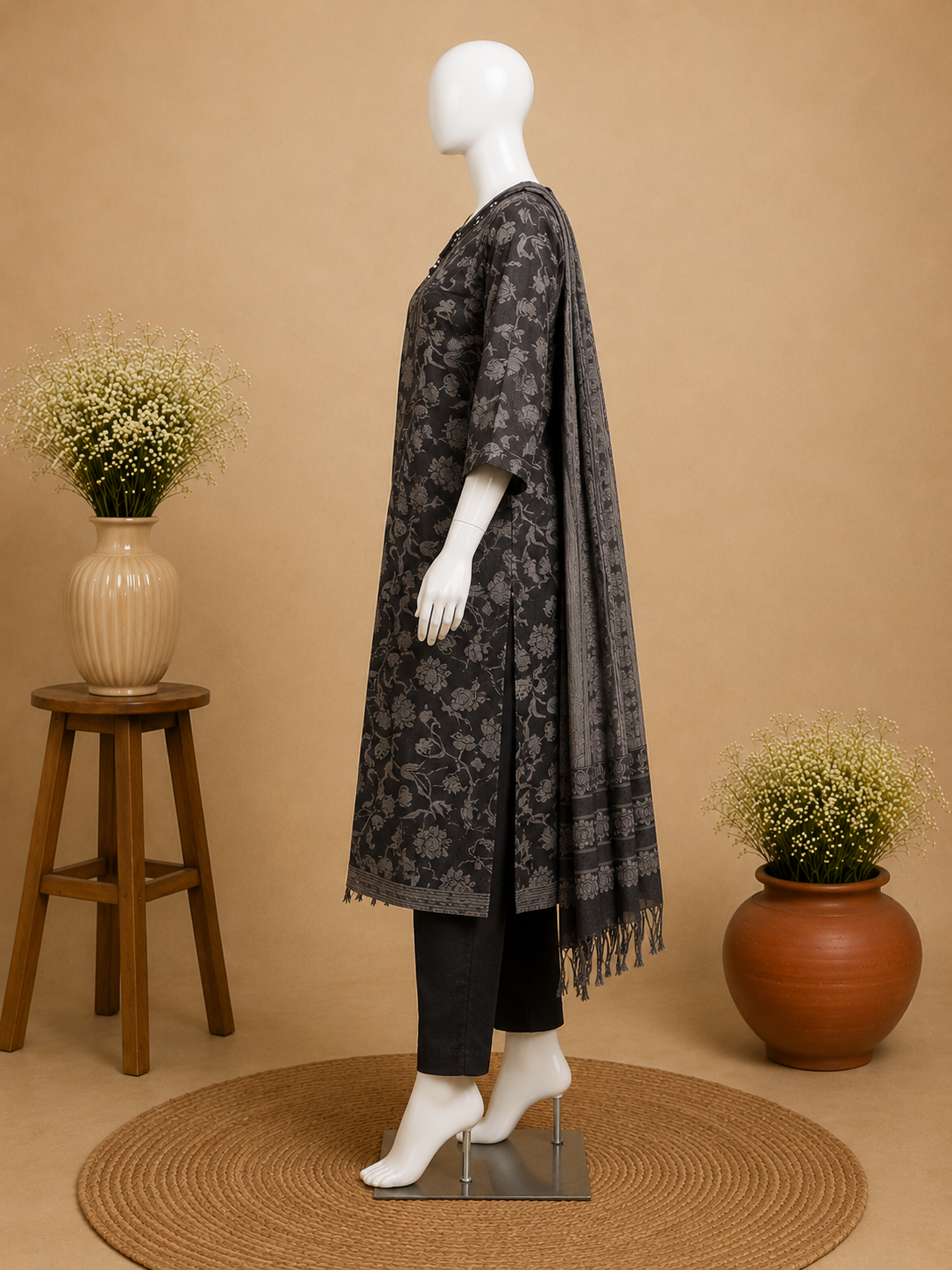 Charcoal Grey Floral Printed Dupatta Set
