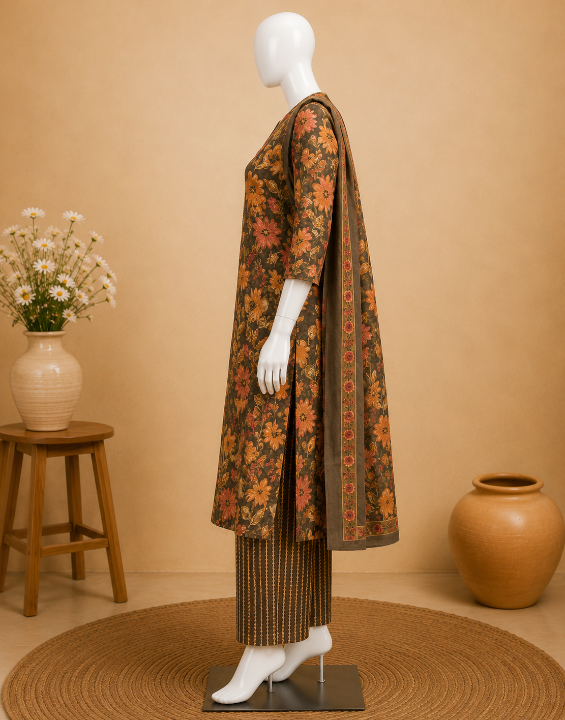 Brown Floral Printed Cotton Kurta Set with Dupatta