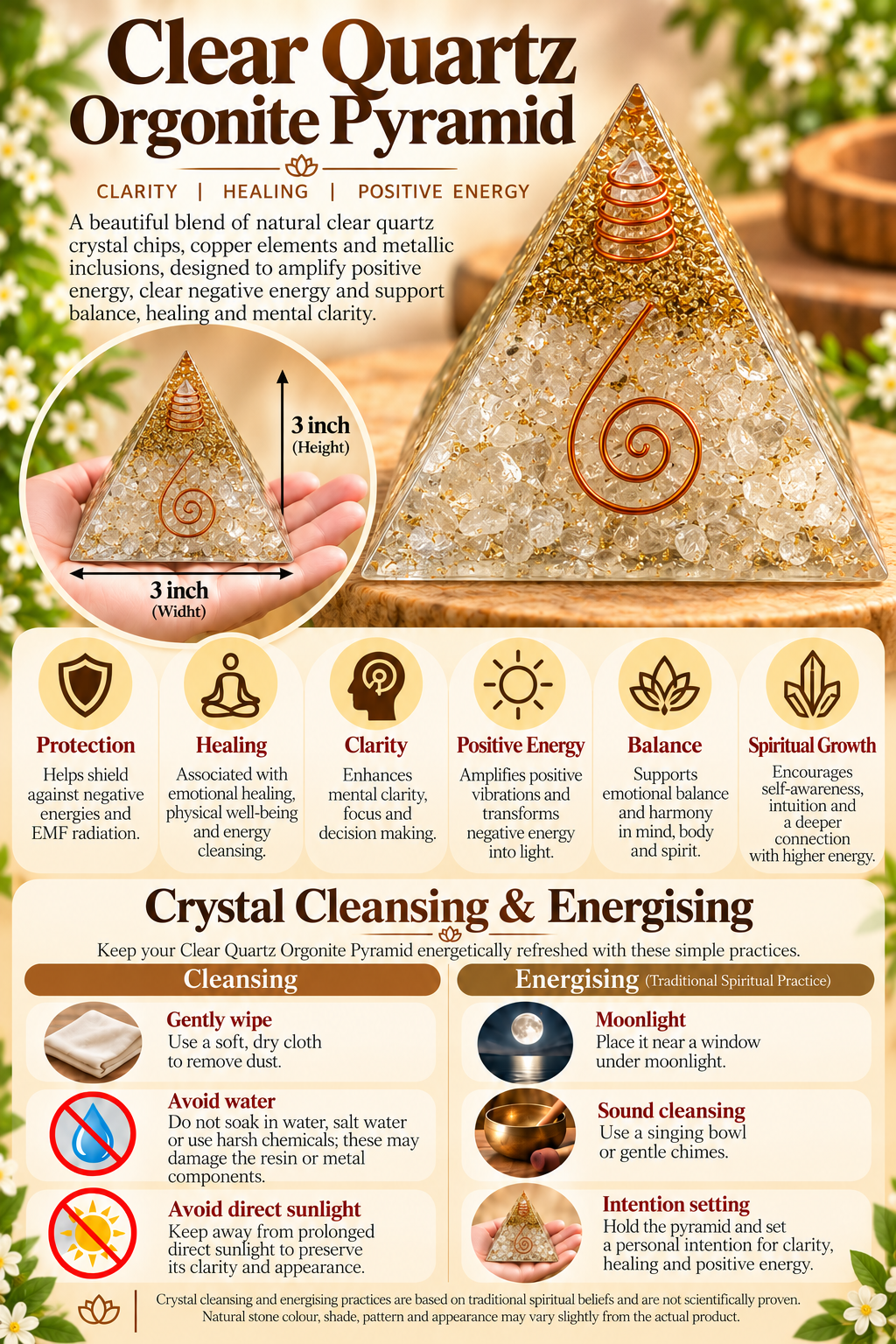 Clear Quartz Orgonite Pyramid - Crystal Energy & Meditation Decor -3 × 3 Inch