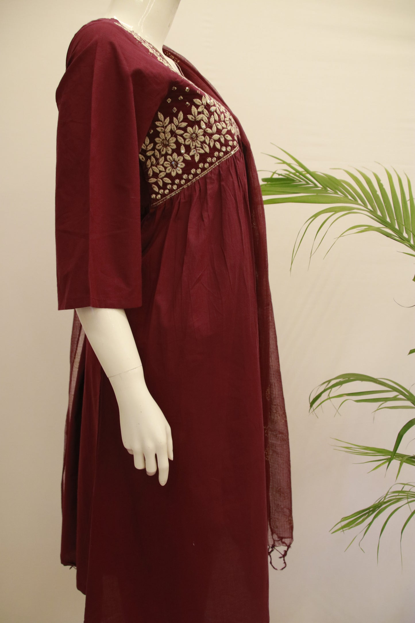 Wine Cotton Dupatta Set