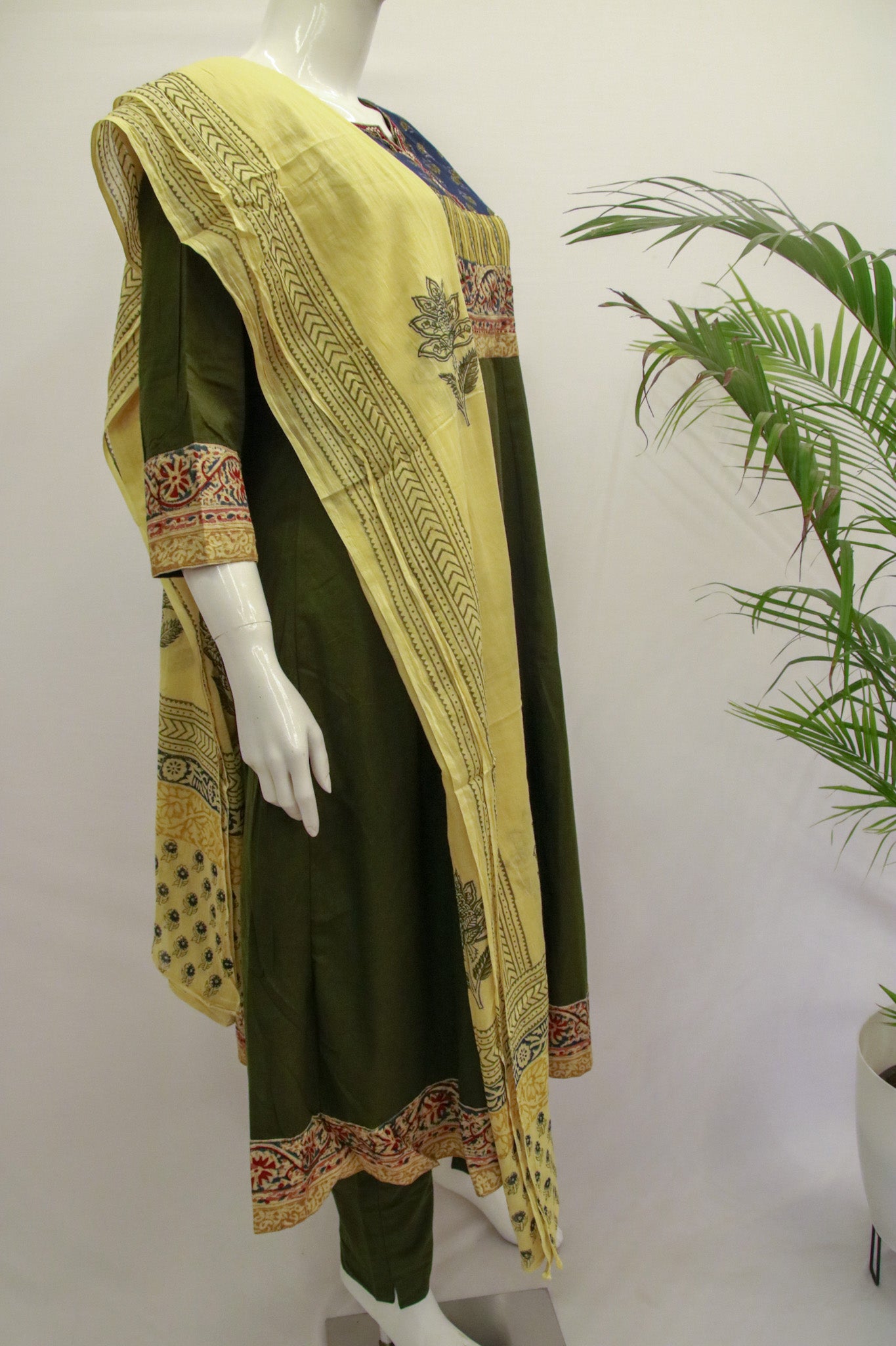 Cotton Anarkali Green Dupatta Set