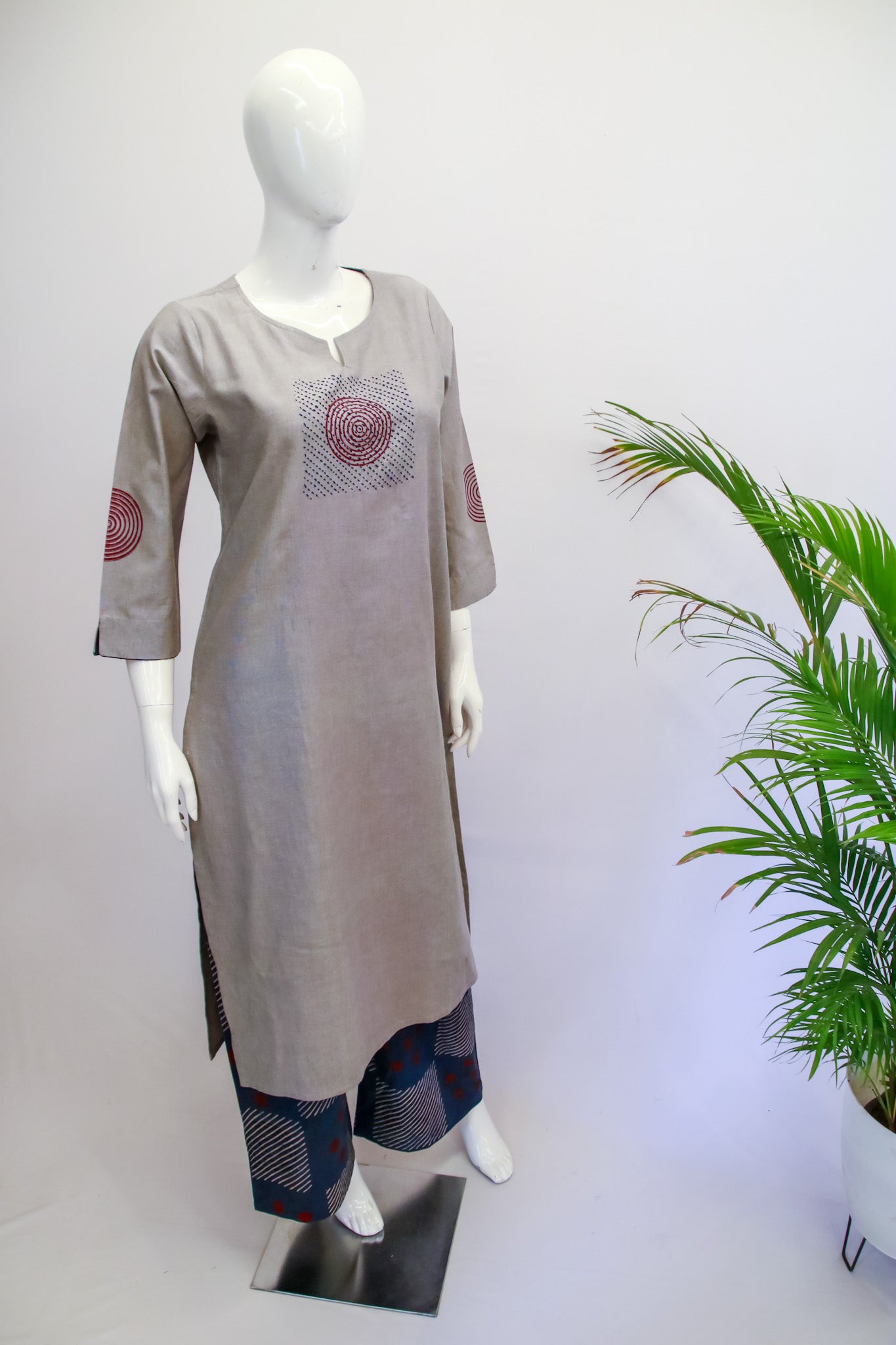 Cotton Grey & Blue Top Pant Set