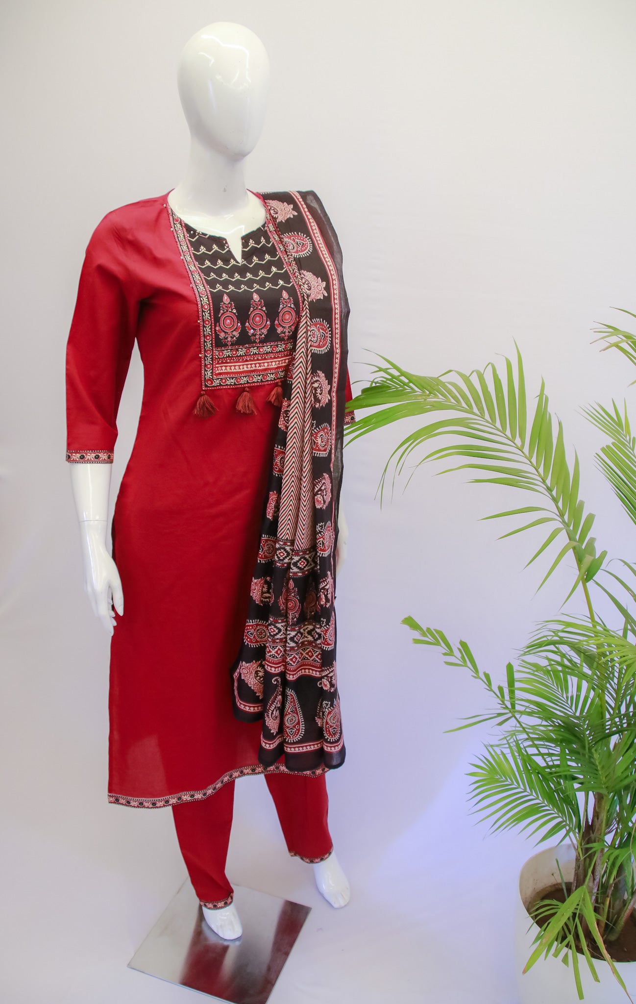 Cotton Maroon Dupatta Set