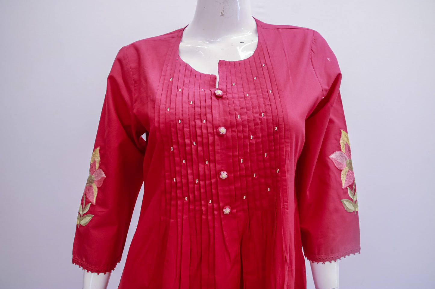 Deep Rose Floral Embroidered Kurta Dupatta Set
