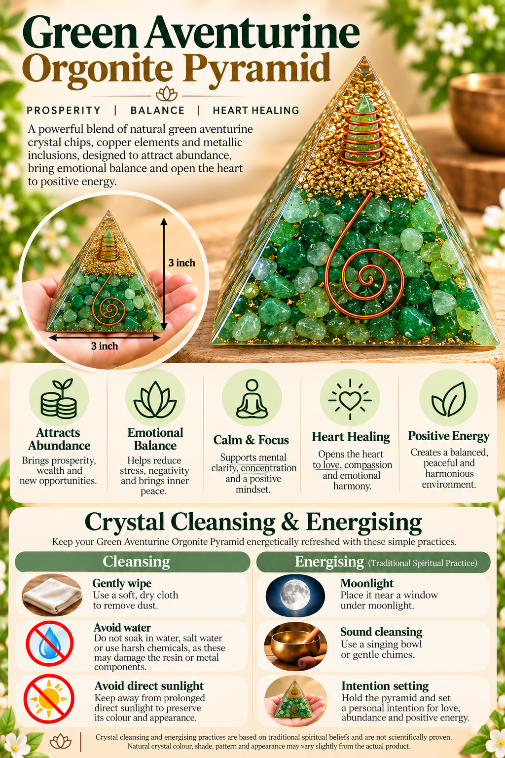 Green Aventurine Orgonite Pyramid -Crystal Energy & Meditation Decor -3 × 3 Inch