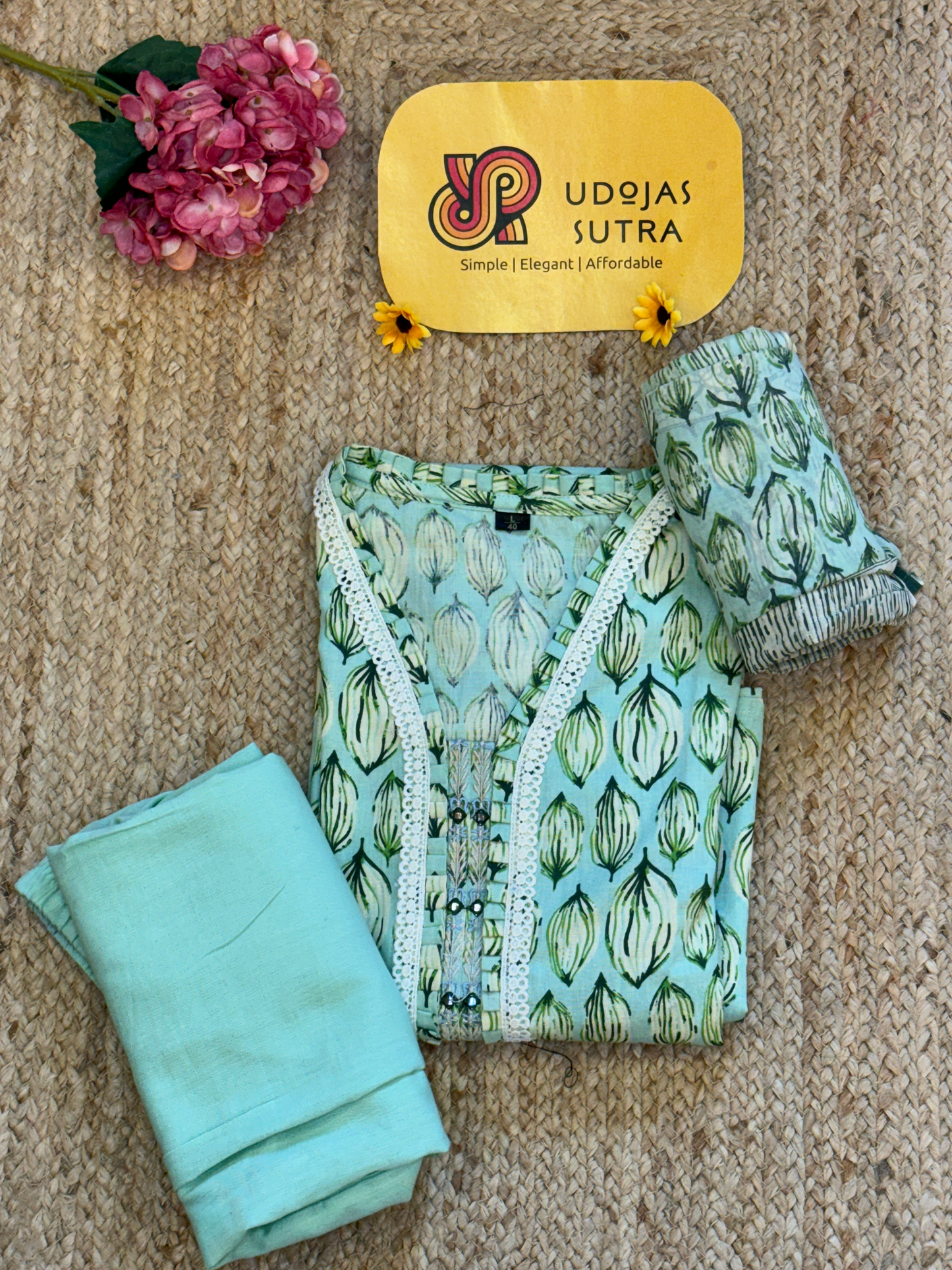 Pista Green Cotton Dupatta Set