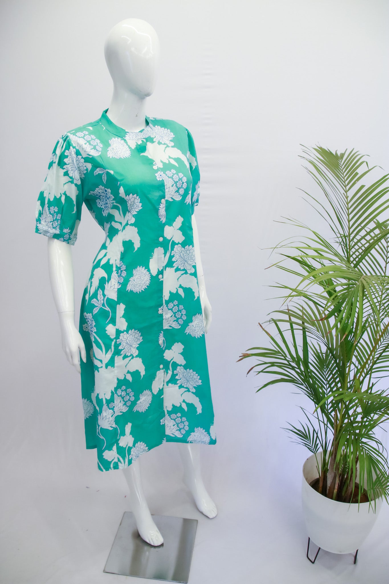 Green & White Cotton Dress