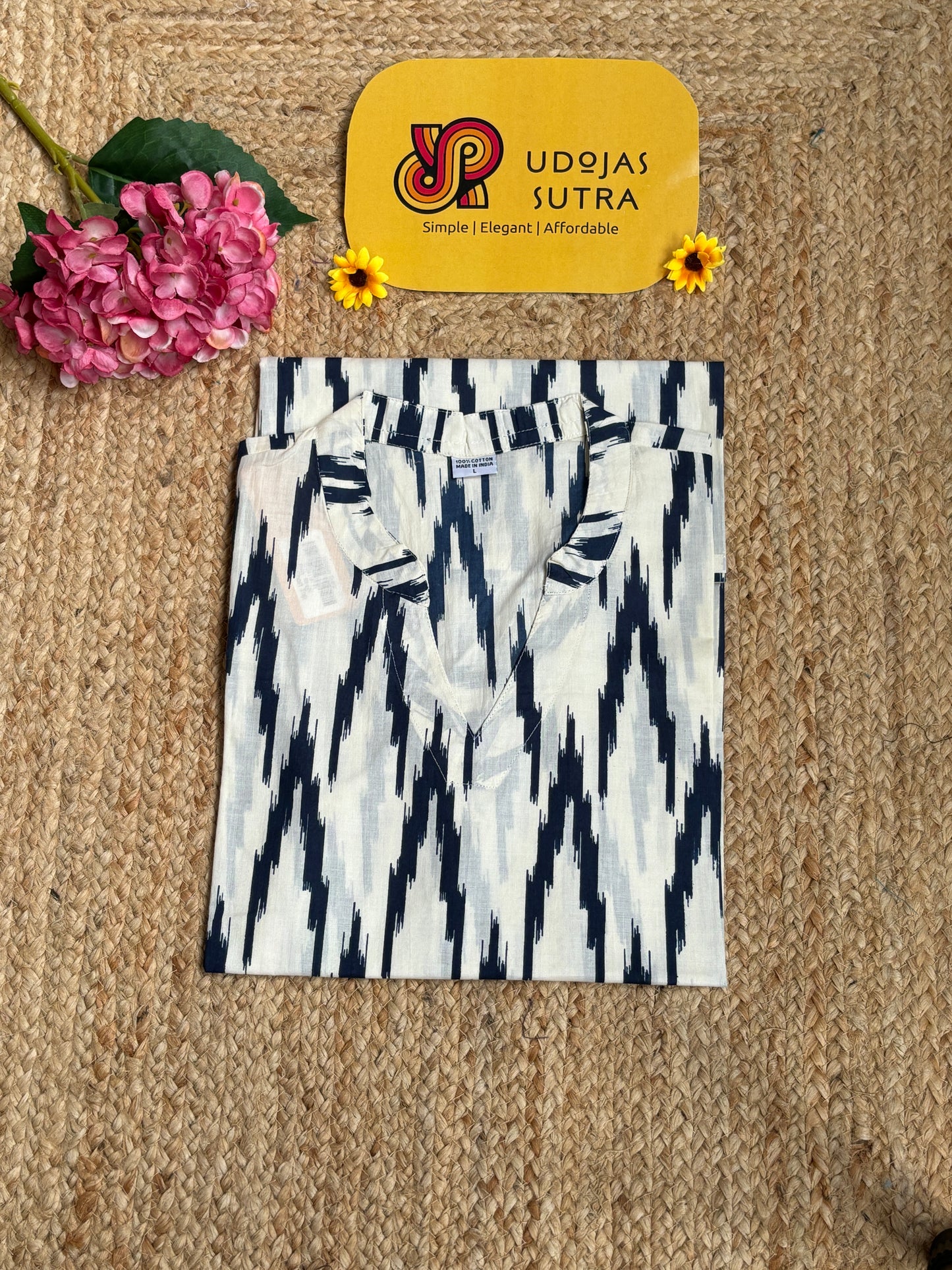 Jaipur Short Tunic - White with Blue Prints