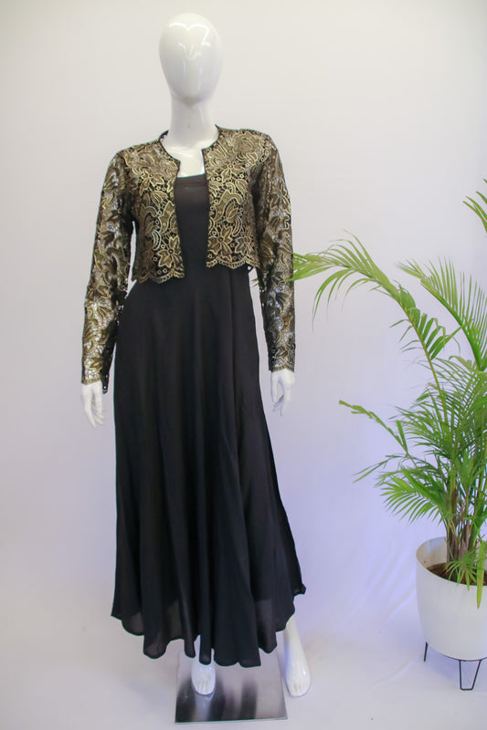 Black Long Dress with Golden net jacket