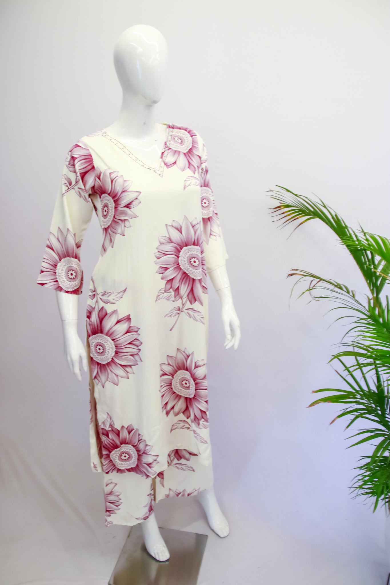 Rayon White & Pink Floral Top and Pant Set