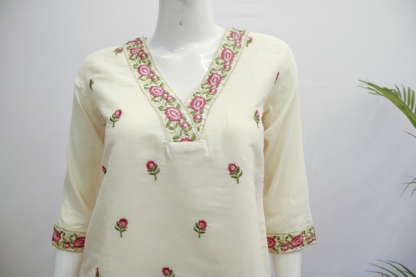 Off White Floral Kurti V neck