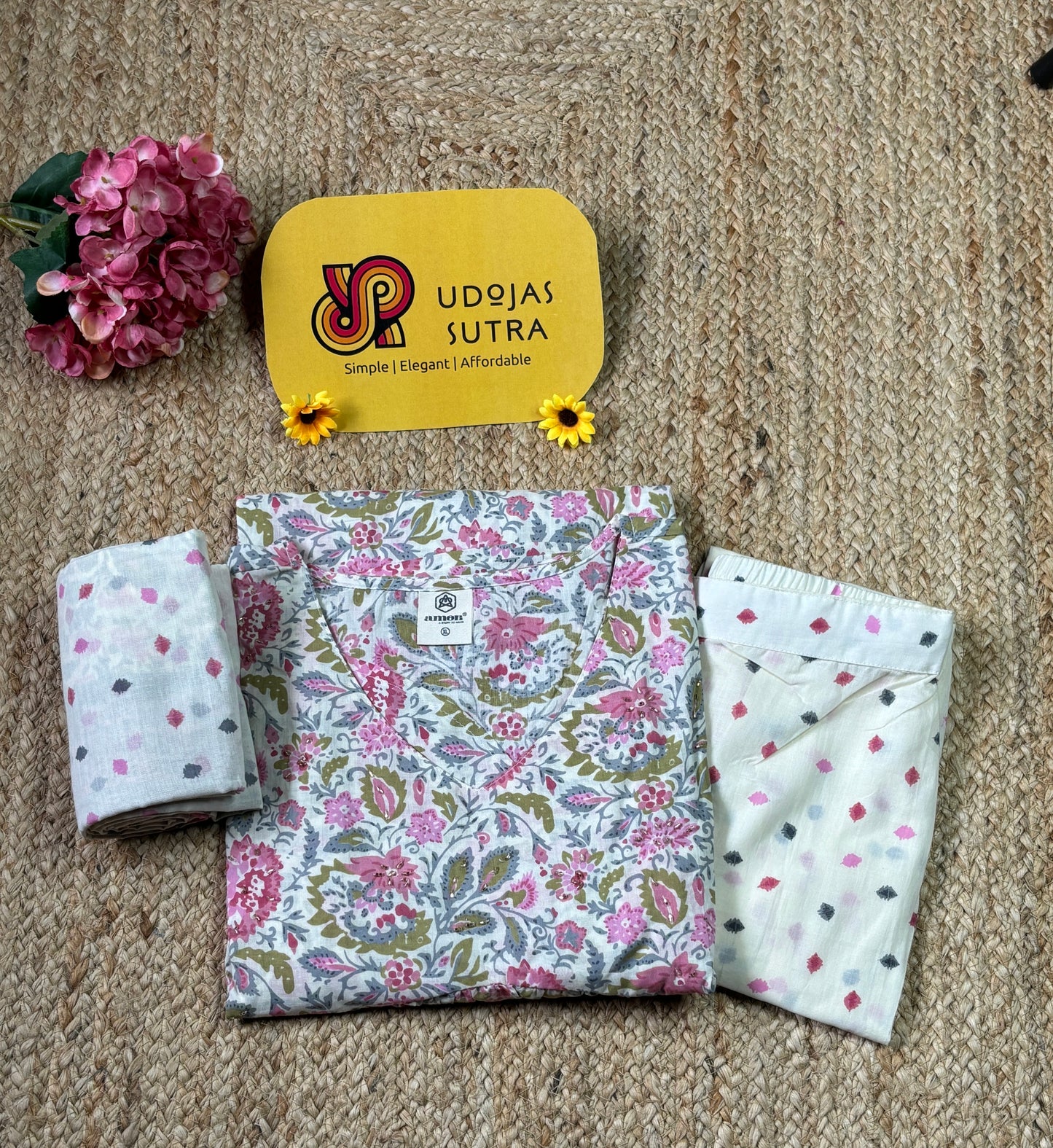 Pink Cotton Anarkali Dupatta Set