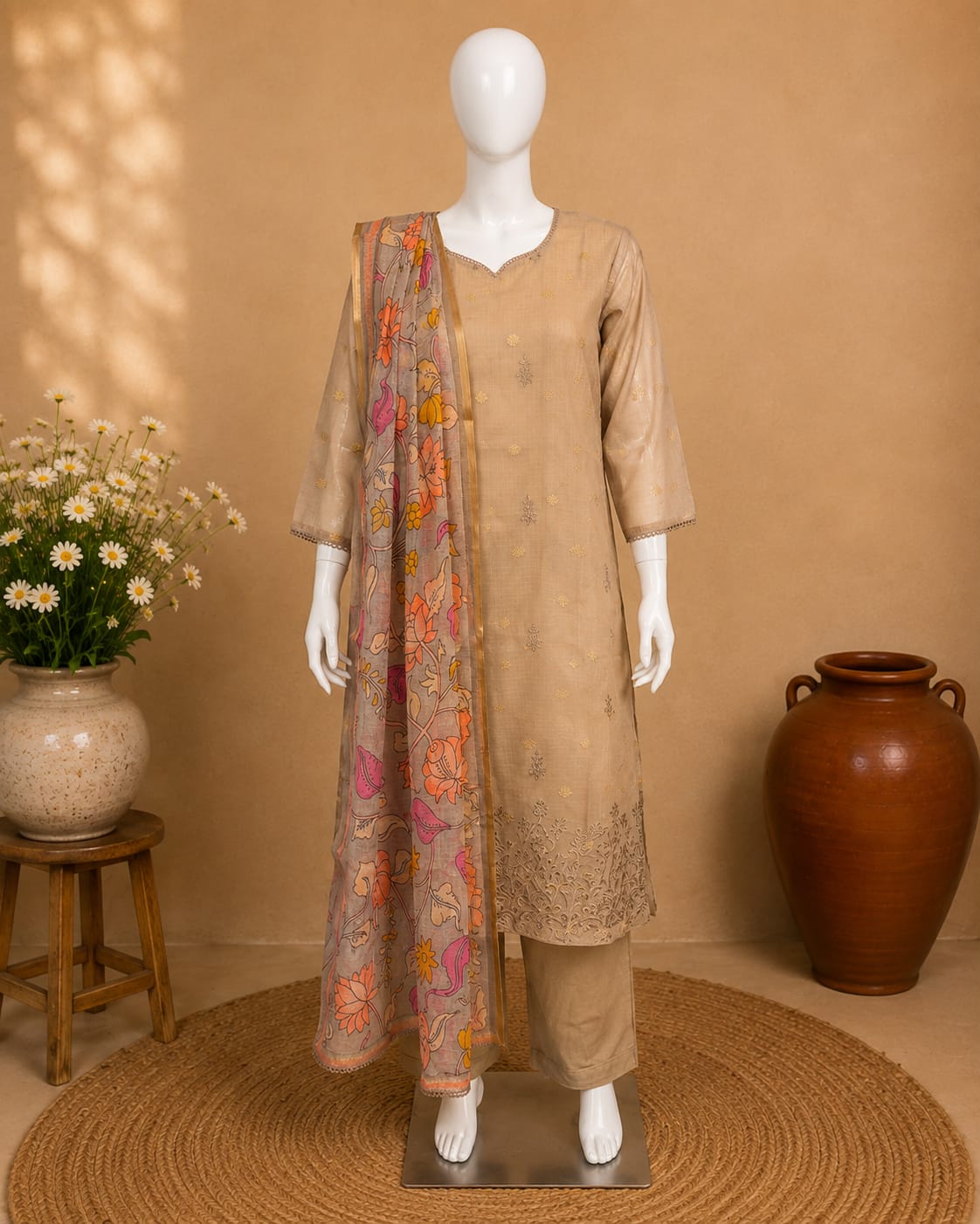 Beige Embroidered Kurta Pant Set with Floral Printed Dupatta