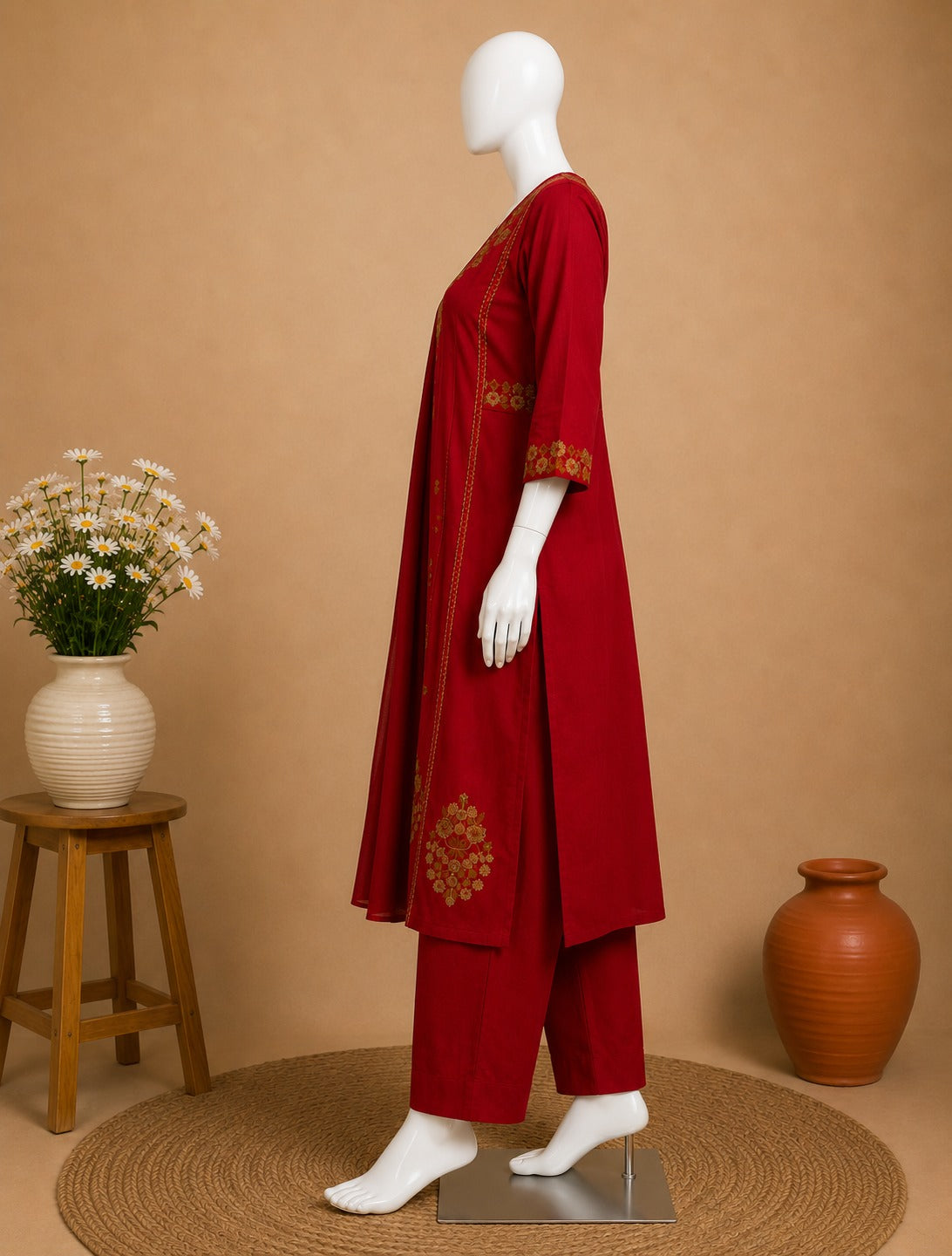 Deep red cotton embroidered kurta pant set with golden floral V-neck embroidery for women