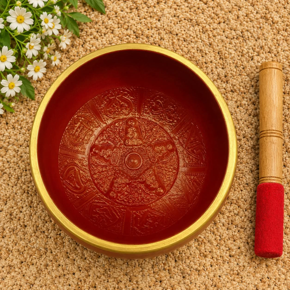 Terracotta Brown Printed Singing Bowl with Wooden Mallet