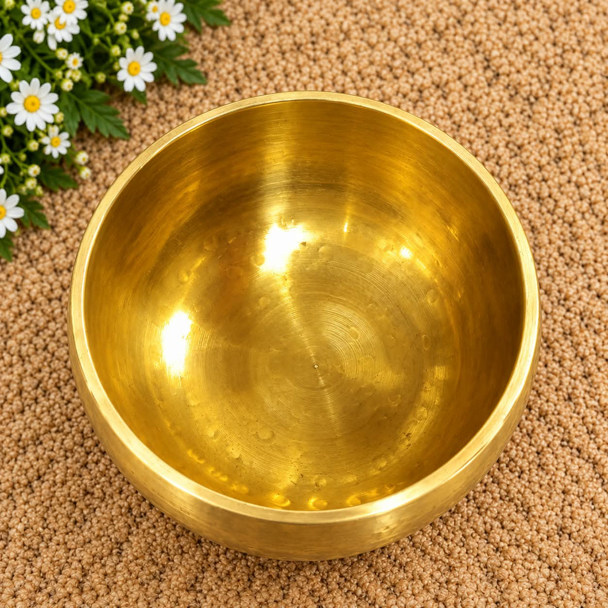 Hand-Hammered Golden Singing Bowl with Wooden Mallet and Pink Cushion