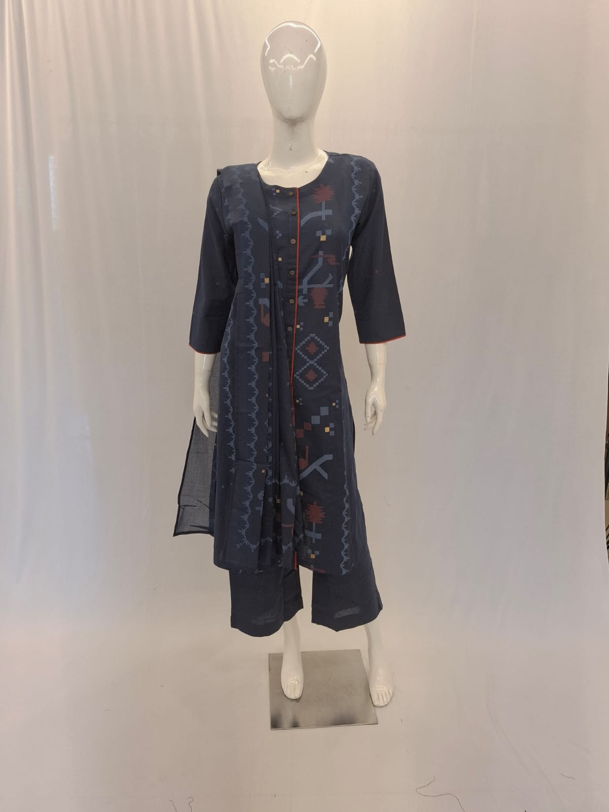 Cotton Navy Blue Dupatta Set