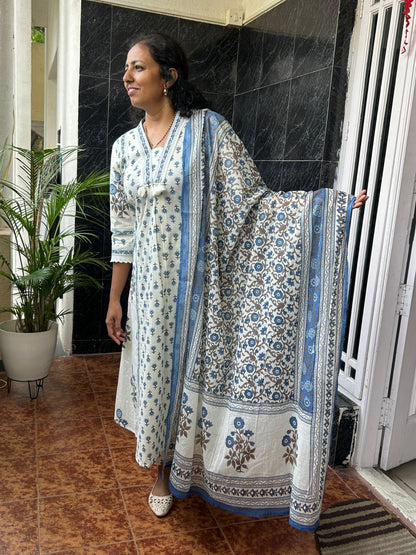 White printed Dupatta Set