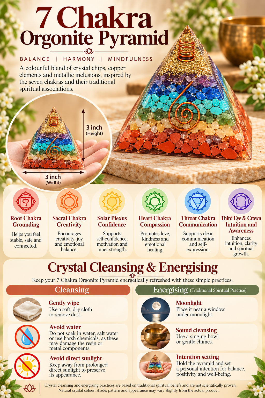 7 Chakra Orgonite Pyramid – Crystal Energy & Meditation Decor -3 × 3 Inch