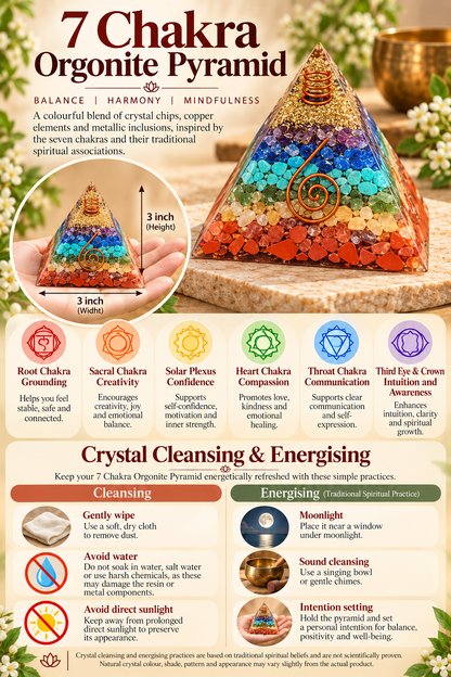 7 Chakra Orgonite Pyramid – Crystal Energy & Meditation Decor -3 × 3 Inch