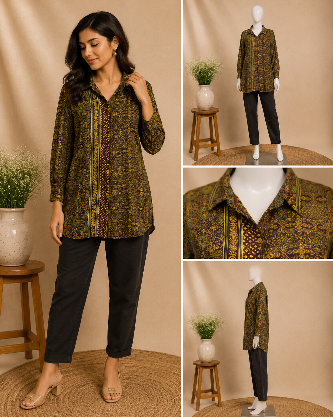 A woman models a long-sleeve button-up tunic top with an intricate olive green, brown, and gold patterned print, paired with black cropped pants. The image is a multi-panel collage showing the model, a mannequin front view, a mannequin chest detail, and a mannequin side profile against a warm beige backdrop with decorative plants and wooden stools.