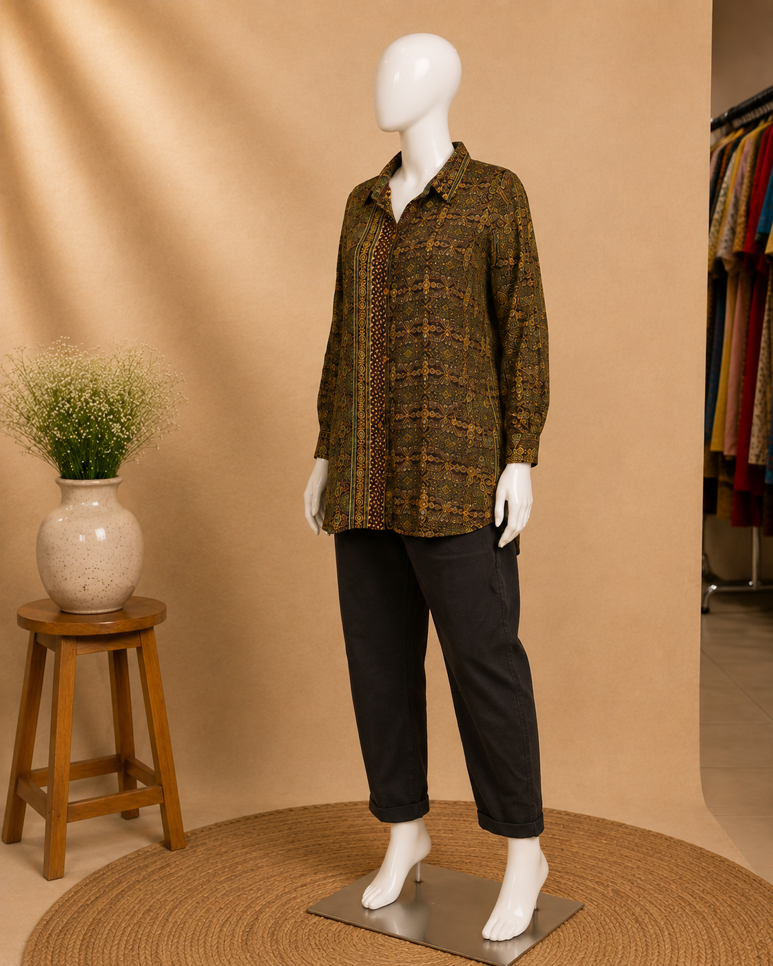 A mannequin wearing a long-sleeve button-up shirt with an olive green and brown geometric pattern, paired with black cropped pants, set against a warm beige studio backdrop with a small wooden stool and vase of greenery.