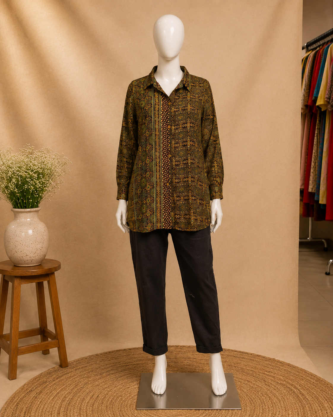 A mannequin wearing a long-sleeve button-up shirt with an intricate brown, gold, and green pattern, paired with black cropped pants, set against a warm beige studio backdrop with a small wooden stool and vase on the left.