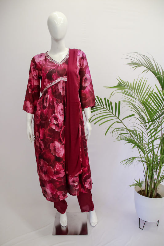 Viscose Wine Alia Cut Dupatta Set