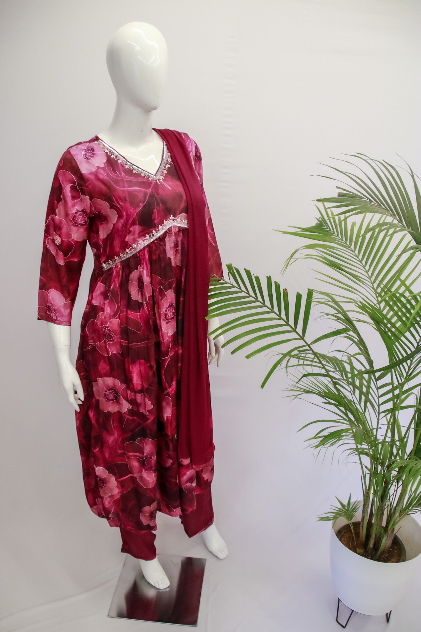 Viscose Wine Alia Cut Dupatta Set