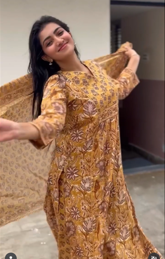 Cotton Anarkali floral print kurta set for women with matching dupatta and pants