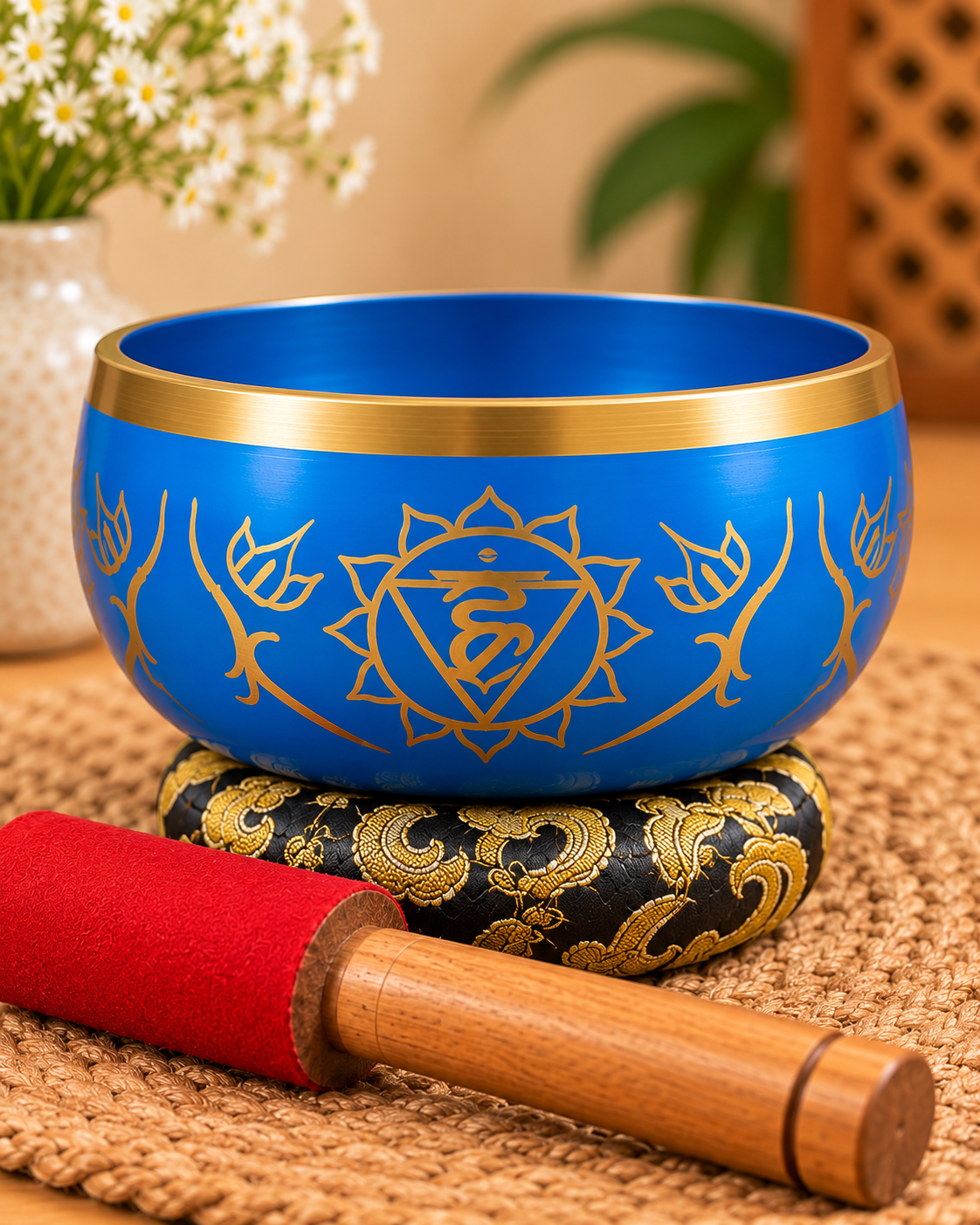 Blue and gold chakra singing bowl with golden chakra engraving inside and outside, accompanied by a wooden mallet with a red felt tip.