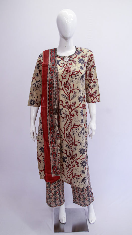 Mannequin wearing a patterned outfit with a red border on a white background